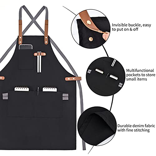 Pinji Delantal de Lona para Cocina, Delantal Ajustable con Bolsillos para Mujeres Hombres Diseño de la Cruz Trasera para… - Imagen 4