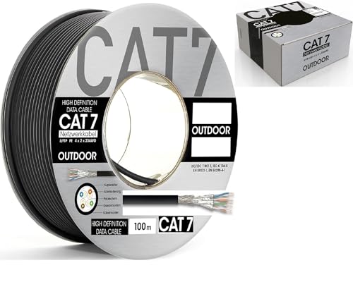 Trendsky 100m Schwarz Outdoor Cat 7 Kupfer 1000MHz Verlegekabel Erdkabel Netzwerkkabel UV Datenkabel für Aussenbereich bis zu 10 Gbit/s Ethernetkabel