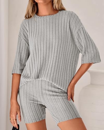 Image of KIRUNDO Short Sets For Women Summer 2 Piece Matching Lounge Sets Casual Rib Knit Tshirts Biker Shorts Beach Vacation Outfits