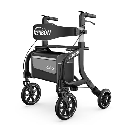 Deambulatore per Anziani in Alluminio: Girello 4 Ruote con Seduta Rollator Leggero Pieghevole - Rollator Viaggio Regolabile in Altezza con Porta Bastone e Borsa della Spesa Rimovibile amovible (Nero)