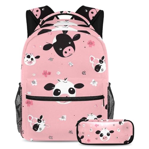 Sac à dos polyvalent à motif original têtes de vache roses avec deux pièces grand volume