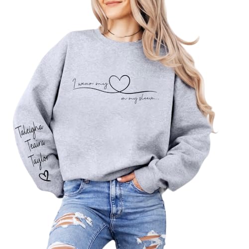 I Wear My Heart on My Sleeve Sweatshirt Kids Children Name on Sleeve Custom Mom Sweatshirt Mama Hoodie Gifts for Birthday 1