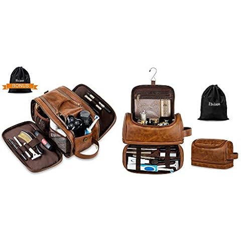 Elviros Toiletry Bag for Men, Large Travel Shaving Dopp Kit Water-resistant Bathroom Toiletries Organizer PU Leather Cosmetic Bags Cover