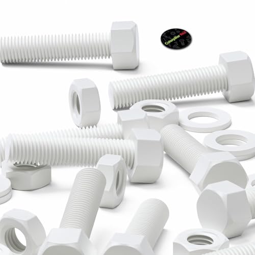 Image of 5X White PP Hex Head M16 x 65 mm Plastic Bolts, Nuts & Washers (5 /8 x 2 9 /16 in)