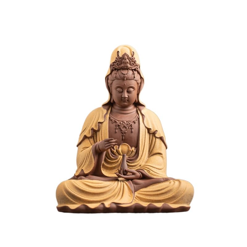KIMGHDS Decoración de estatua de Buda Guanyin de cerámica con loto para decoración del hogar, sala de estar, vestíbulo, decoración del espacio zen, decoración artesanal (amarillo)