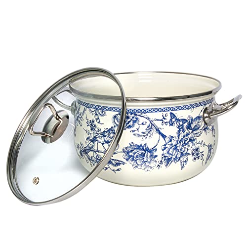 Stp Goods Enameled Aluminum Pot Bird Of Paradise Belly Deep Casserole Cooking Pot With Glass Lid Cookware Soup Pot (6.55-Qt. (6.2 L)), White #TOP1