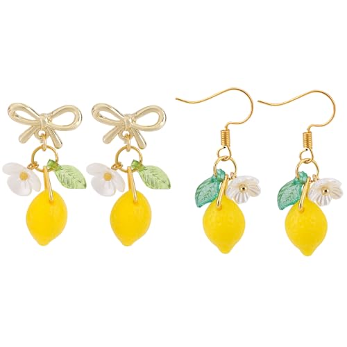 2 Pairs Lemon Dangle Drop Earrings for Women, Cute Fruit Yellow Lemon Bow Earrings Fruit Jewelry Accessories Gift for Cosplay Birthday Parties