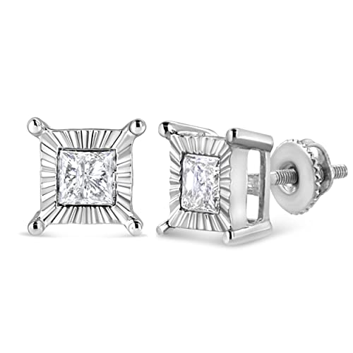 .925 Sterling Silver 1.0 Cttw Princess Cut Diamond Miracle Set Solitaire Stud Earrings (H-I Color, I2-I3 Clarity)