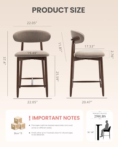 Image of Bar Stools Set of 6, 25.6″ Counter Height Bar Stools with Wood Legs, Upholstered Modern Kitchen Barstools for Kitchen Island Dining Room Bar, Camel