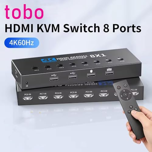 Image of Tobo 8 Port KVM Switch HDMI 4K@60Hz with Remote, 8 PCs Share 1 Monitor Keyboard Mouse, USB 2.0 Multi Computer Video Switcher for Office, Gaming, CCTV & Server Setup - TD-1598H**