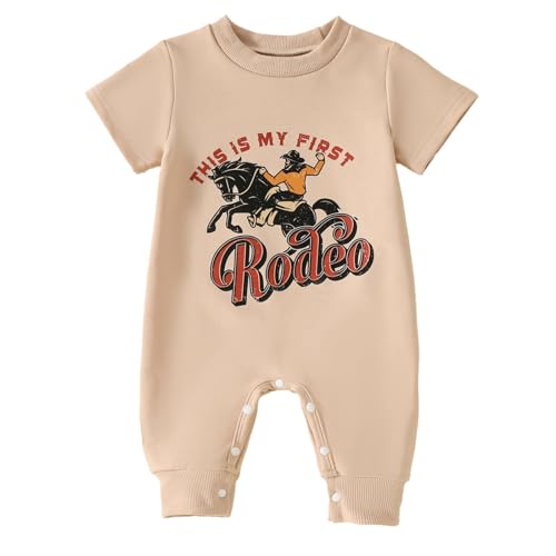 Image of BOIZONTY One-Piece Baby Bodysuit Outfit This is My First Rodeo Letter Print Romper Jumpsuit Newborn Funny Cowboy Clothes