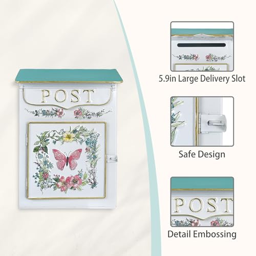 Image of Mailbox Wall Mount Mailboxes for Outside Vintage Mail Boxes for House Outside Metal Drop Box Antique Style Nostalgic Charm Home Decorative, Butterfly Pattern, White