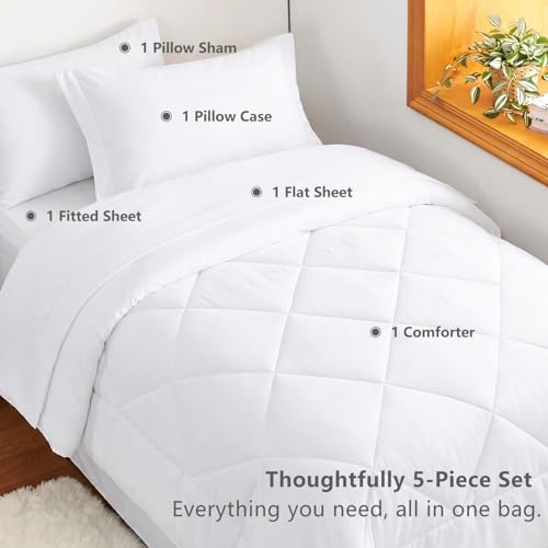 Image of CozyLux Twin XL Comforter Set White - 5 Pieces Twin Extra Long Bed in a Bag for College Dorm, All Season Bedding Set for Girls and Boys, Soft Bed Set with Comforter, Sheets, Pillowcase & Sham