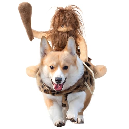 DELIFUR Dog Halloween Costume Funny Dog Cowboy Riding Costume Pet Costume Cat Suit Cowboy Rider Style for Small Medium Large Dogs (Primitive Man, Small)