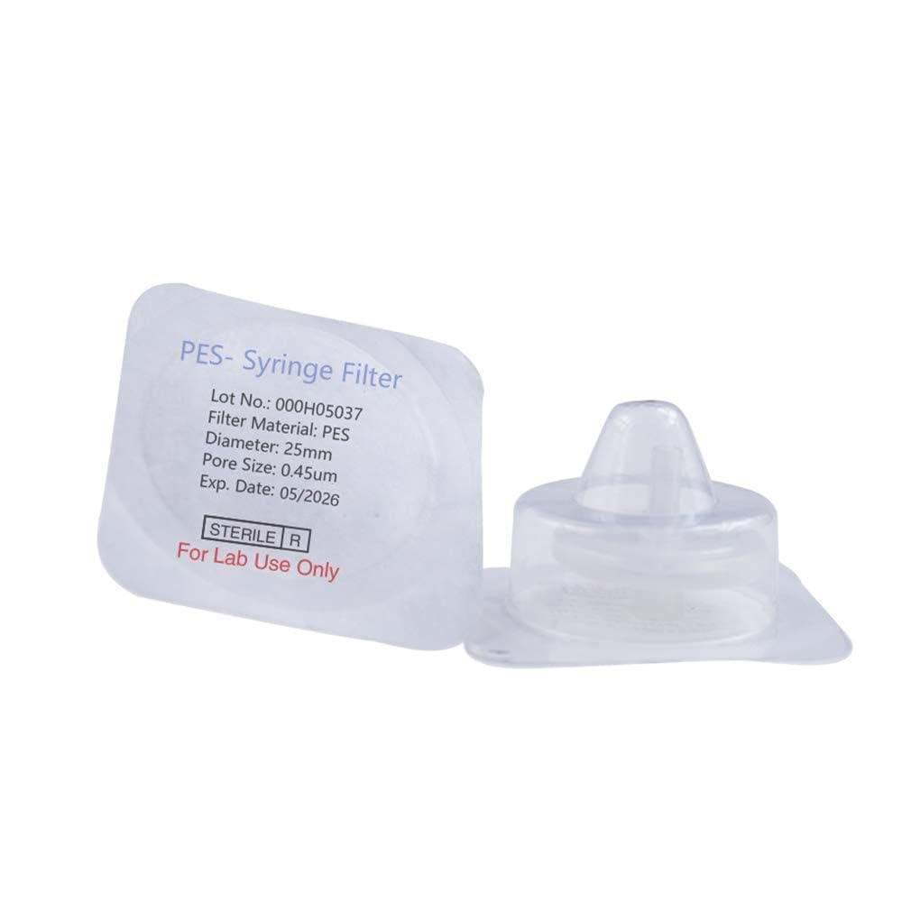 Lot de 20 PES Filtres à Seringue Stériles 25 mm de diamètre 0,22 μm Taille des pores Emballés Individuellement, Filtres à Aiguille HPLC et GC, Filtration de Laboratoire à Haut Débit
