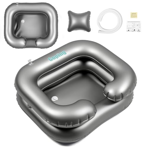 Goping Inflatable Hair Washing Basin with Neck Fit Movable Head Pillow Shampoo Basin for Elderly Disabled Pregnant Injured Bedridden, 0.28mm with User Manual, Silver