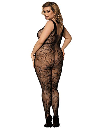Lovelybobo 2 Pack Womens Plus Size Fishnet Bodystockings Striped Lingerie Crotchless Bodysuits Tights Suspenders Black #TOP3