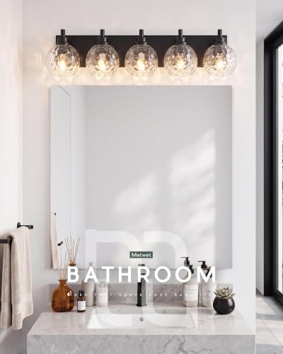 Image of 5-Light Black Bathroom Vanity Light, Hammered Glass Globe Shade | 32 Inch matte black modern bathroom light fixture over mirror, UL listed, E26 bulbs, hardwired, upward only, VL200-MB-CL-5