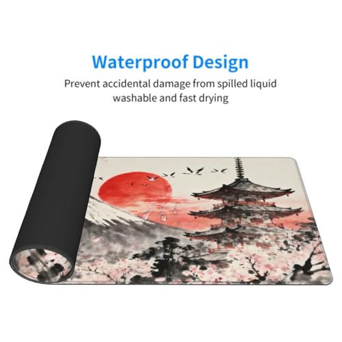Image of Japanese Cherry Blossoms Mouse Pad 31.5x11.8 XL Black Gray Pink Red Watercolor Design Extended Large Mousepad Keyboard Mouse Mat Desk Pad with Non-Slip Rubber Base Stitched Edges for Home Office Game