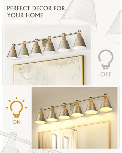 Image of FEMILA Gold Light Fixture Bathroom, 6 Light Brushed Gold Vanity Light, 45.3 inch Bathroom Lighting Fixture Over Mirror, 4FG59B-6W BG