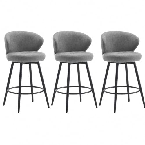 Image of 360 Swivel Modern Bar Stool Set of 3, 26 inch Upholstered Counter Height Bar Stools with Wingback, Soft Linen Fabric, Counter Chairs with Arm for Kitchen Island or Home Bar, Grey