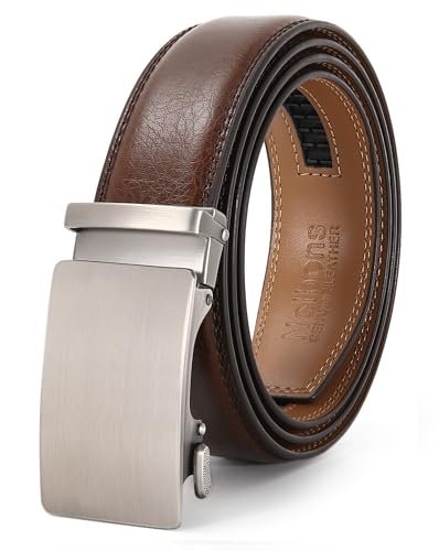 Nelbons Men's Belt, Leather Ratchet Belt for Men with Slide Buckle,Trim to Fit width 3.5cm 1 3/8 inch (Brown 022, Up to 44" waist adjustable)