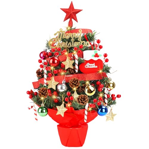 Árbol de Navidad Mini,Mini Arbol de Navidad Pequeño,Árbols de Navidads Artificial Pequeño con Iluminación LED y Decorado,Decoración Navideña de Mesa para Hogar,Oficina y Regalos de Adviento