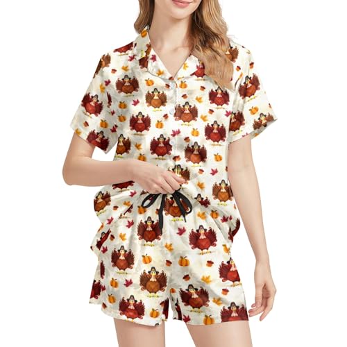ZVKXH Thanksgiving Pajamas Women Set Cute Turkey Pajamas for Women Silk Satin Short Sleeve Fall Turkey Sleepwear Thanksgiving Pj Set