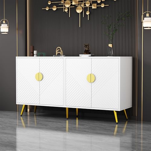 Aparador elegante blanco y dorado, 140 x 40 x 75 cm, con estantes ajustables, diseño de rayas diagonales, 4 puertas, aparador de salón de lujo, armario de esquina de pasillo, armario de dormitorio