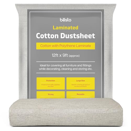 Premium Quality Cotton Dust Sheets for Decorating, Waterproof 12ft x 9ft Dust Sheet Twill Laminated Polythene Backed Reusable Paint Sheets for Furniture, Painting, Floor, Staircase and DIY Projects