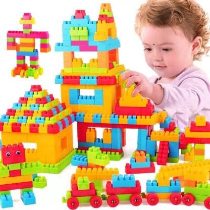 Image of Satsun Small Building Bricks and Blocks for Kids with Wheel Age 3+ (52 Blcok + 8 Tyres) 60 Pcs