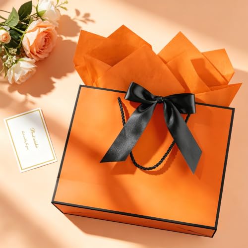 Image of JMANNI Gift Bags with Handles, 13 inch Medium Gift Bag for Presents, 2 Pcs Bags with 4 Tissue Paper and 2 Cards for Graduation Baby Shower Wedding Fathers Day Mother's Day Birthday Party(Orange black)