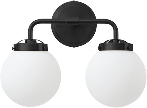 Miniatura 8 de Lámparas de baño negras sobre el espejo, iluminación moderna de tocador con pantallas de globo de vidrio blanco leche, aplique de pared de granja de