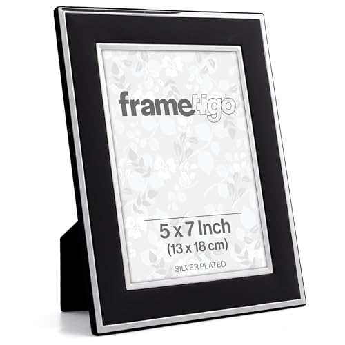 Image of Frametigo - Silver Plated Black Photo Frame, 5"x7" (13x18cm) Photo Size - Velvet Frame Backing & Stand - Real Glass Window - Tarnish Resistant - Landscape or Portrait Orientation