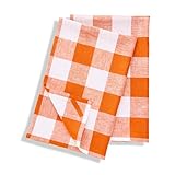 Solino Home Linen Kitchen Towels Set of 2 - Pumpkin and White 16.5 x 26.5 Inch - 100% Pure Linen Buffalo Check Kitchen/Tea Towels - Machine Washable and Handcrafted from European Flax