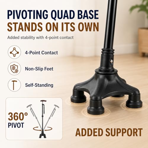 HOMEAL 2-in-1 Folding Walking Cane with Ergonomic Wooden Handle for Men, Women & Seniors, Self-Standing Quad Base & Single Tip, Adjustable Aluminum Cane for Daily Support, Fit 5'2"–6'5" User, Black by HOMEAL - Used condition - Image 8
