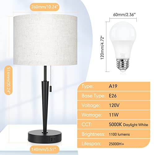 Ggoying Set Of 2 Bedroom Table Lamps, Pull Chain Bedside Lamps With Usb A & C Charging Ports, 5000K Led Bulb, Linen Lampshade For Livingroom, Bedroom, Home, And Office(Bulbs Included) #TOP2