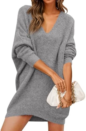 Saodimallsu Damen Rippstrick Strickkleid V-Ausschnitt | Pullover,Oversized,Elegant,Warm,Freizeitkleid für Herbst Winter