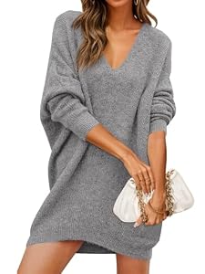 Saodimallsu Damen Rippstrick Strickkleid V-Ausschnitt,Grau,L