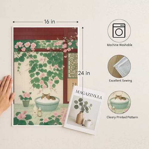 FOPENEM Japanese Cat Bathroom Hand Towels, Japanese Bathroom Decor, Vintage Aesthetic Floral Cat Decorative Hand Towels for Bath Room Washroom Restroom, 16x24 Inch Set of 2 by FOPENEM - Used condition - Image 6