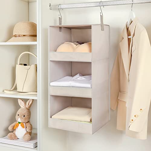 Topia Home 3-Shelf Hanging Closet Organizer, Upgraded Thickened Fabric Hanging Closet Shelves, Collapsible Closet Organizers And Storage Organization, 12.2" W X 12.2" D X 31.0" H, Beige/Gray, 1 Pack #TOP3