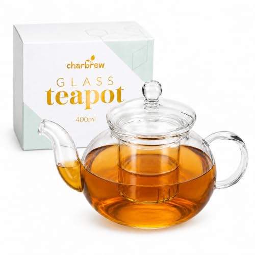 Charbrew Glass Teapot 400ml with Tea Strainer for Loose Leaf Tea & Tea Bags | Borosilicate Glass Heat Resistant & Dishwasher Safe