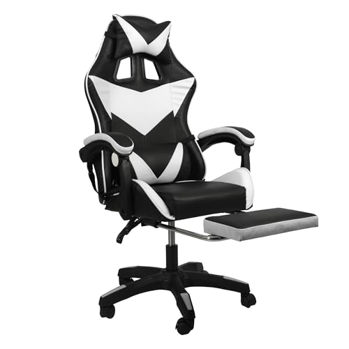 Ergonomic Gaming Chair with Footrest - Adjustable Reclining Office Computer Desk Chair with Headrest, Lumbar Support, and Faux Leather Upholstery (Black+white)