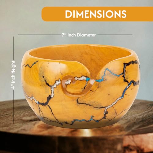 Image of Wooden Yarn Bowl for Crocheting, 7x4inch Large Yellow Teak Crochet Holder Gift Accessories and Knitting Gadgets Supplies Handcrafted with Fractal Wood Burning & Blue,White,Black Resin Inlay (H-Multi)