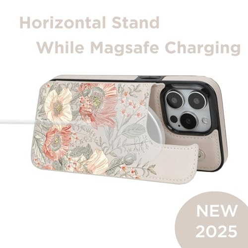 uCOLOR for iPhone 14 Pro 6.1" Wallet Case Magsafe with Card Holder Slot【Compatible with MagSafe】 Folio Flip PU Leather Double Magnetic RFID Design with Camera Lens Protector (Pink Vintage Flowers) by uCOLOR - Image 4