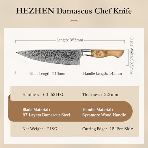 HEZHEN-8.3” Chef's Knife Professional Kitchen Knife, 67 Layers Damascus Steel Chef Knife, Japanese Style Stainless Steel Gyuto Knife,Figured Sycamore Wood Handle Cooking Tool
