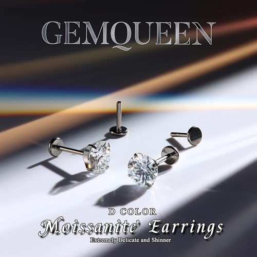 Moissanite Earrings G23 Titanium Extended Internal Thread Flat Back Earrings Hypoallergenic Tragus Cartilage Helix Conch Piercing Jewelry for Women Men 18G 6/8mm Post Gray/D Color 0.2-3CT2