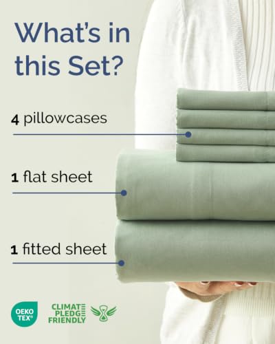 Image of Queen 6 Piece Bed Sheet Set - Breathable & Cooling Sheets - Eucalyptus