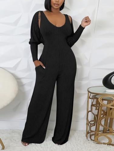 Annystore Sexy 2 Piece Set for Women Fall Outfit Ribbed Knit Long Sleeve Crop Cardigan Wide Leg Pants Set Jumpsuit Clubwear2