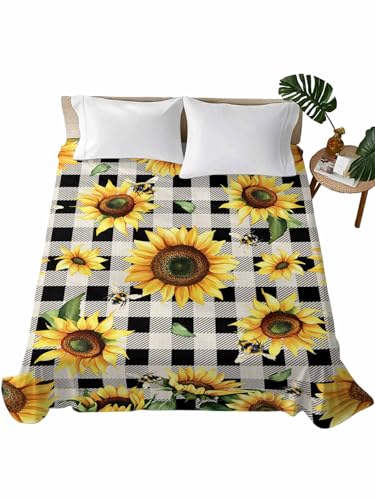 Twin XL Size Flat Sheet Only, Summer Sunflower Bee Spring Floral Watercolor Bed Top Sheet Soft Microfiber Breathable Bedding Flat Sheets, Black Buffalo Check Top Sheets Hotel Luxury